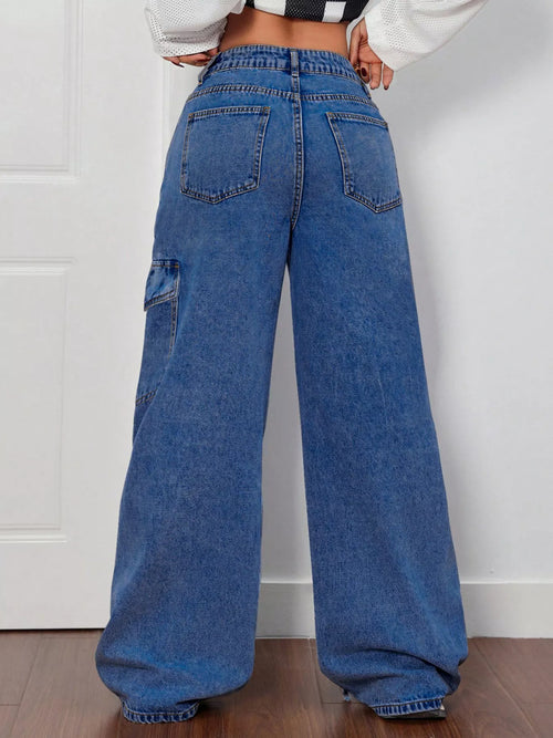 Woman wearing bow tie accent wide leg jeans