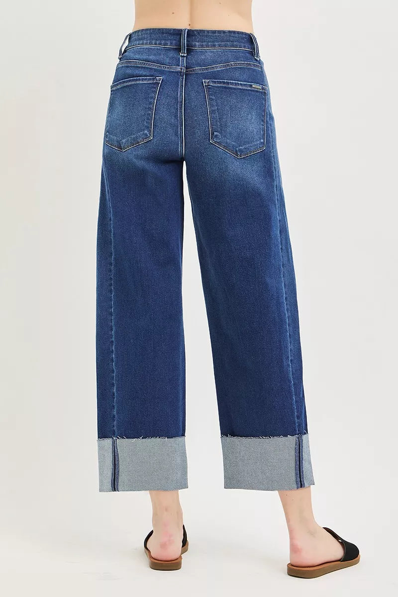 RISEN barrel jeans back view in dark wash