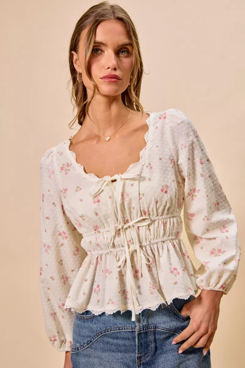 White floral clip dot ruched blouse front view on model