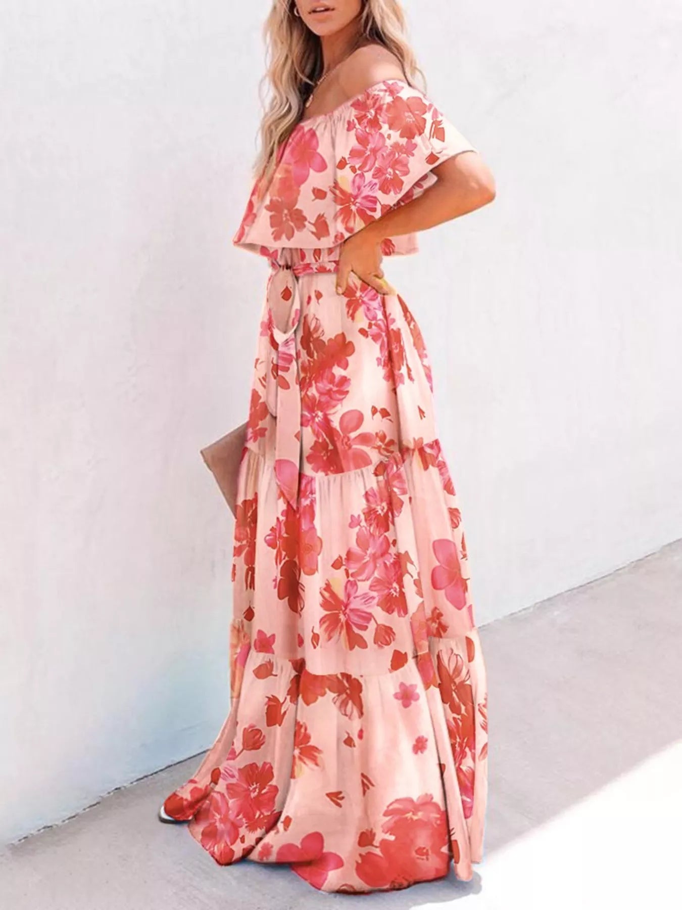 Plus size off shoulder maxi dress on model