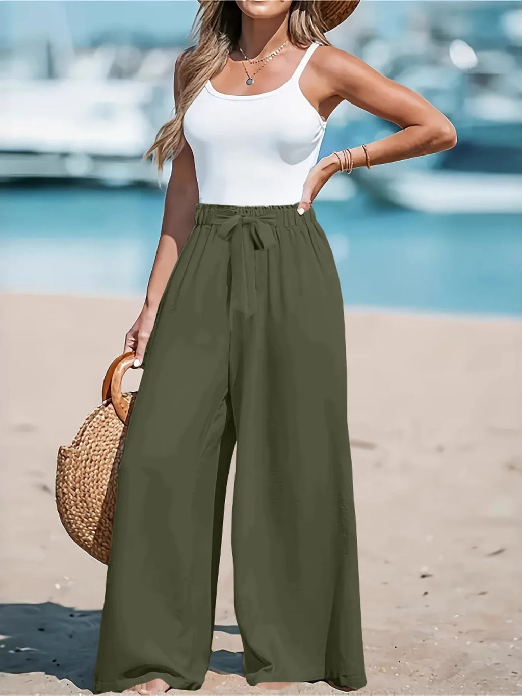 Plus size palazzo pants model view