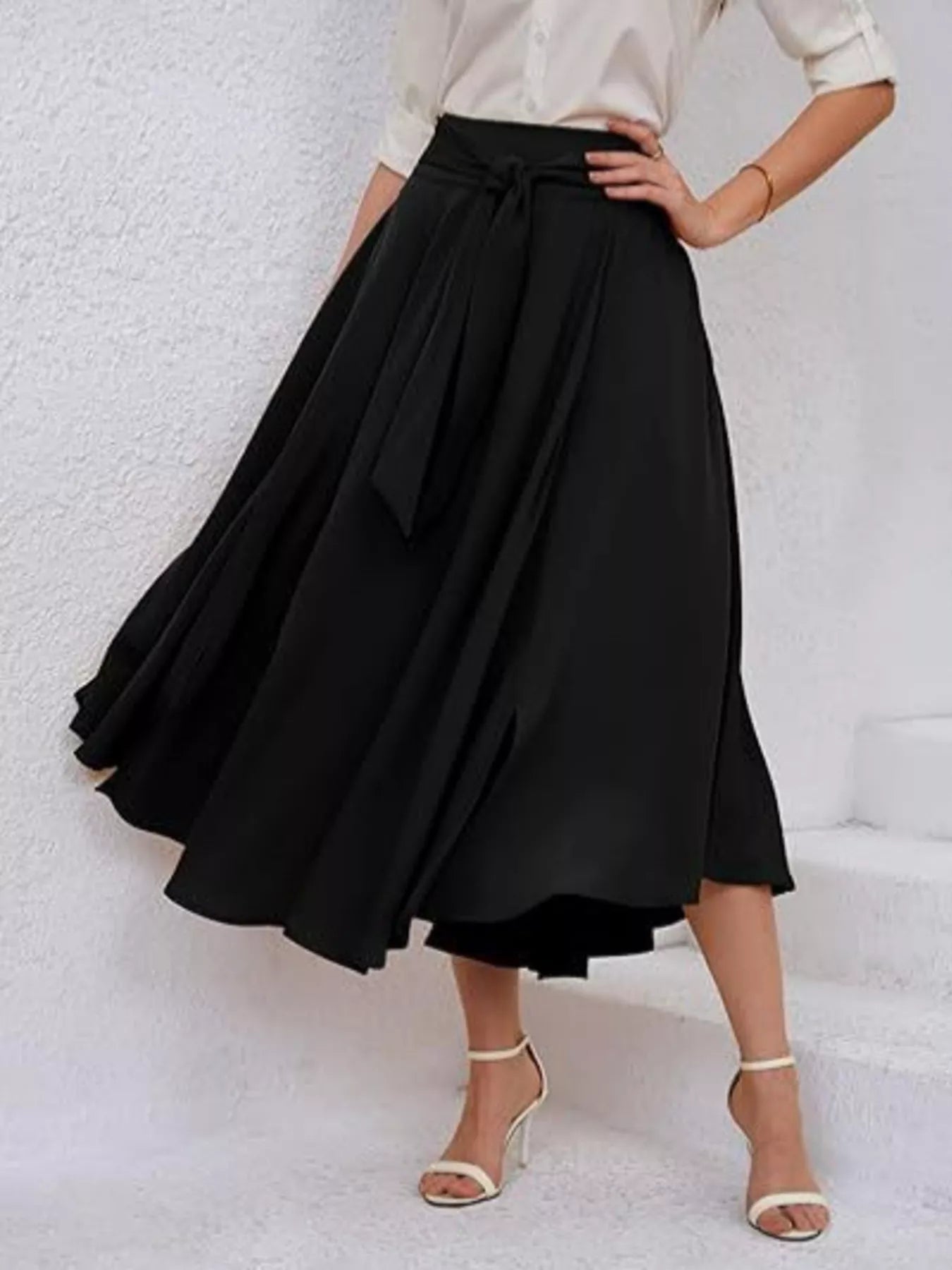 Black tie waist A line midi skirt front view