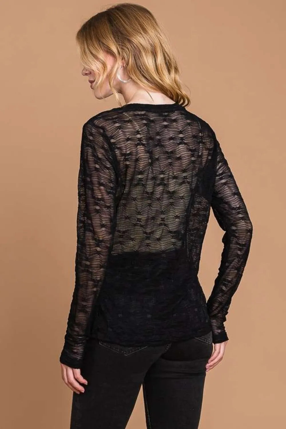 Mesh sheer top side view on model