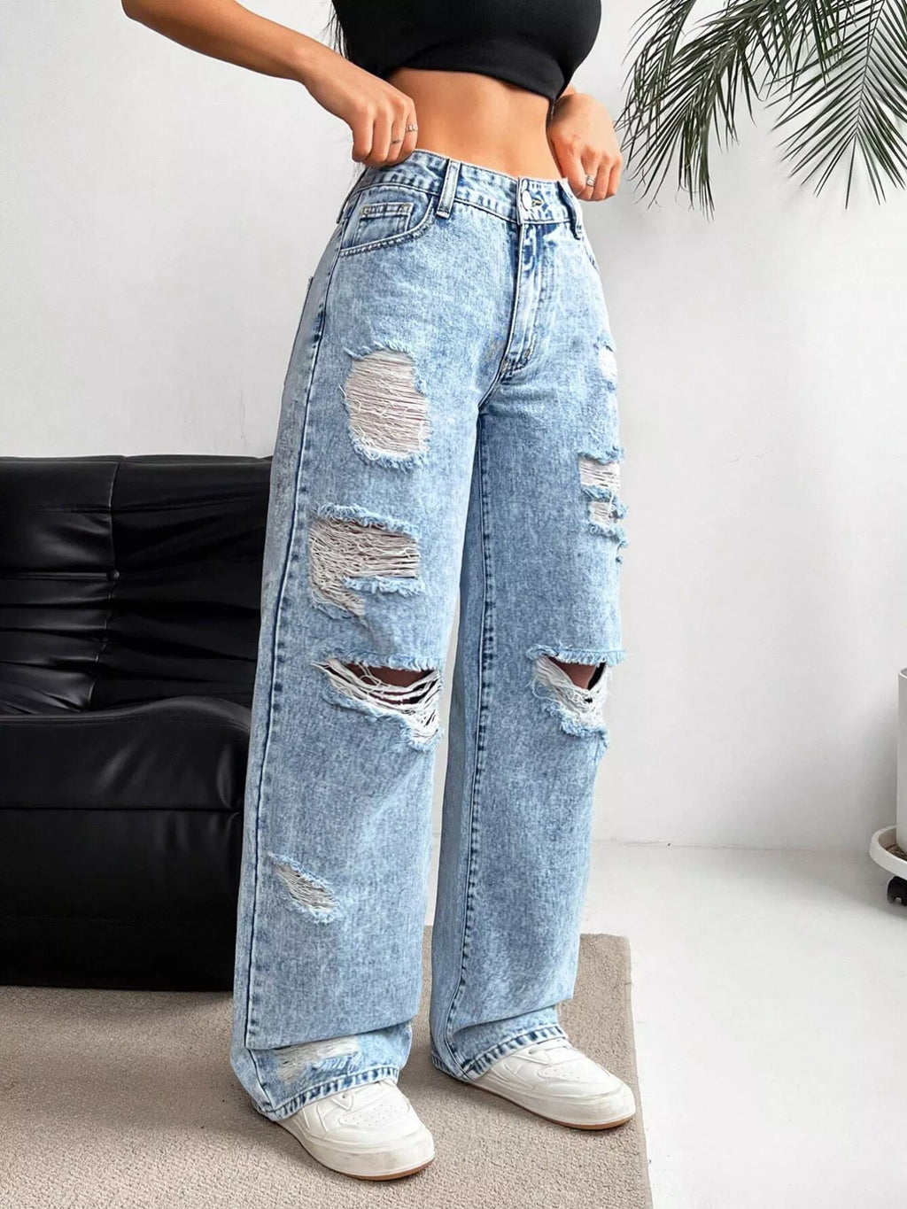 Distressed wide leg jeans back view