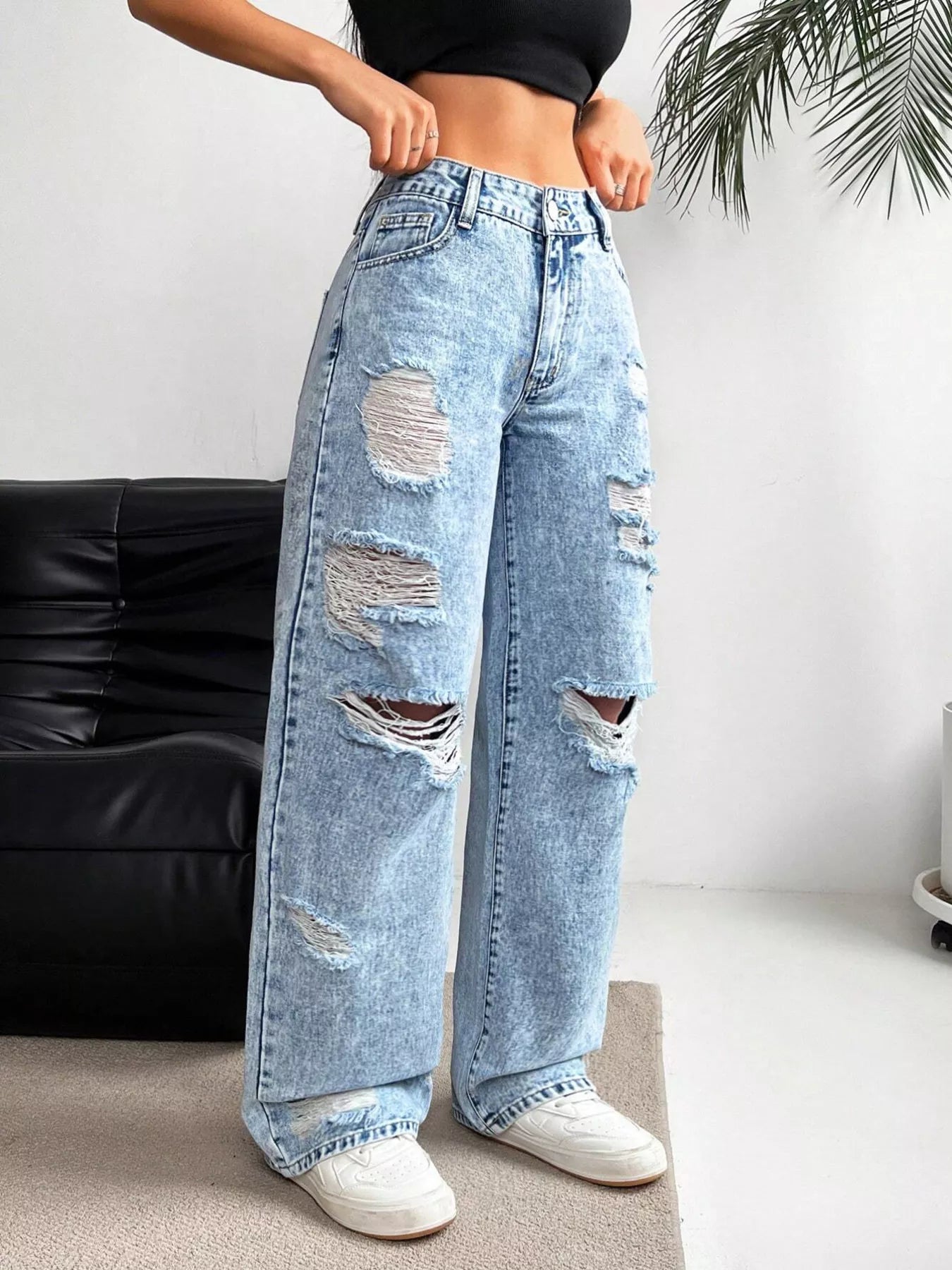 Distressed wide leg jeans back view
