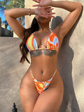 Multicolored ruched three piece swim set front view