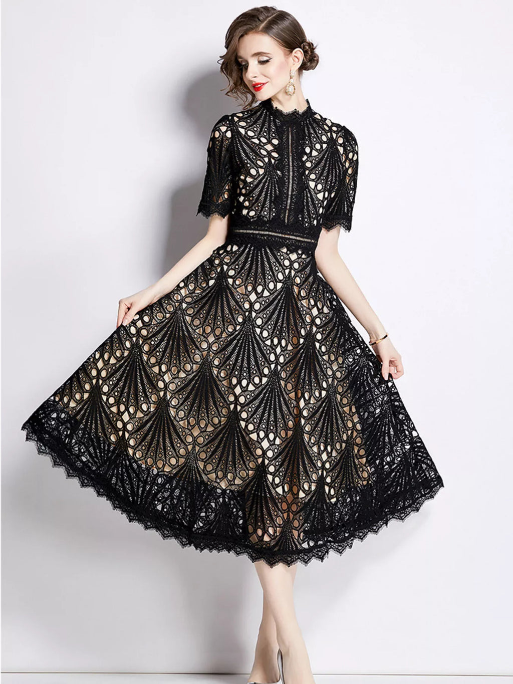 Lake blue lace midi dress back view with zipper