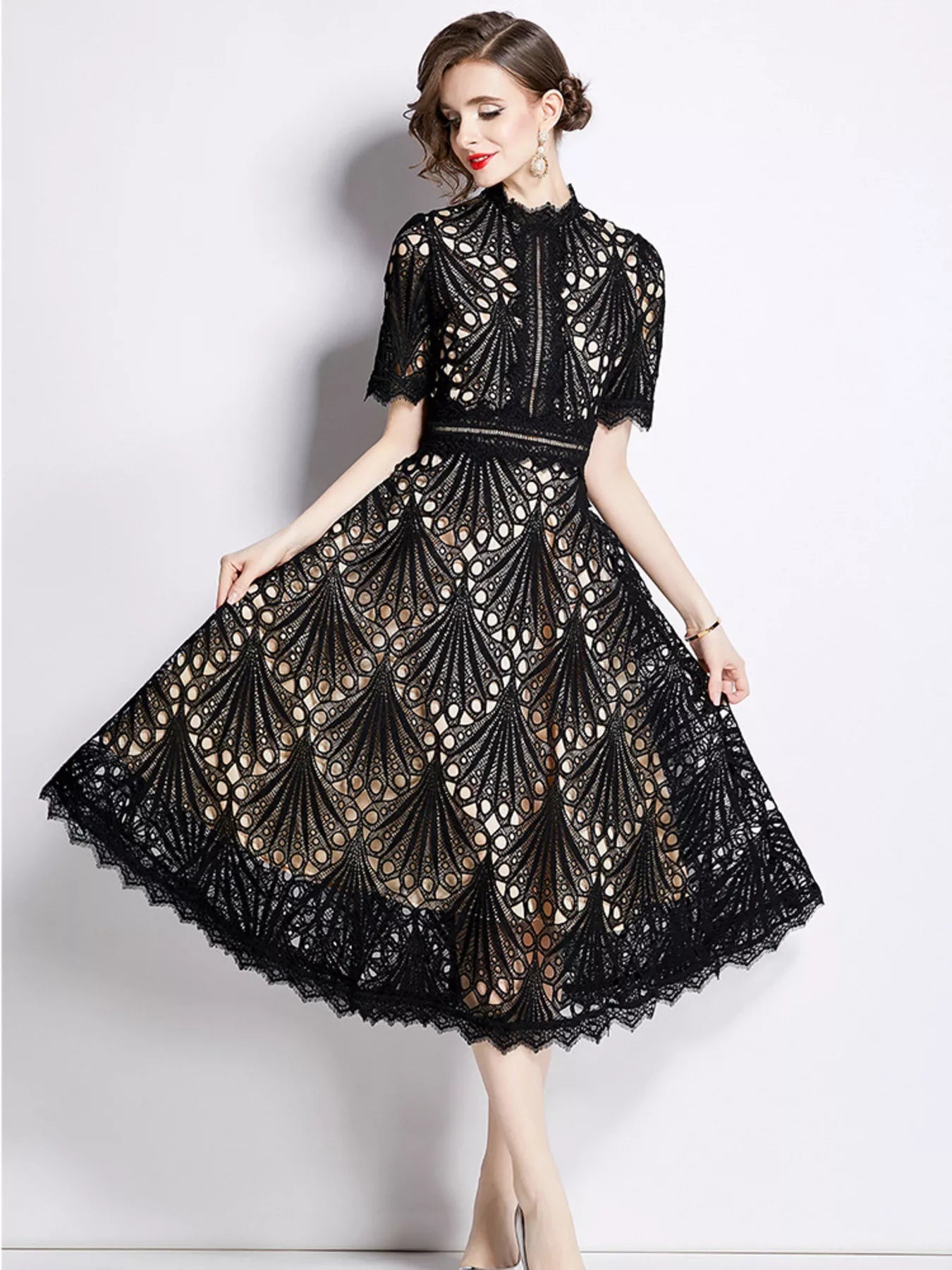 Lake blue lace midi dress back view with zipper