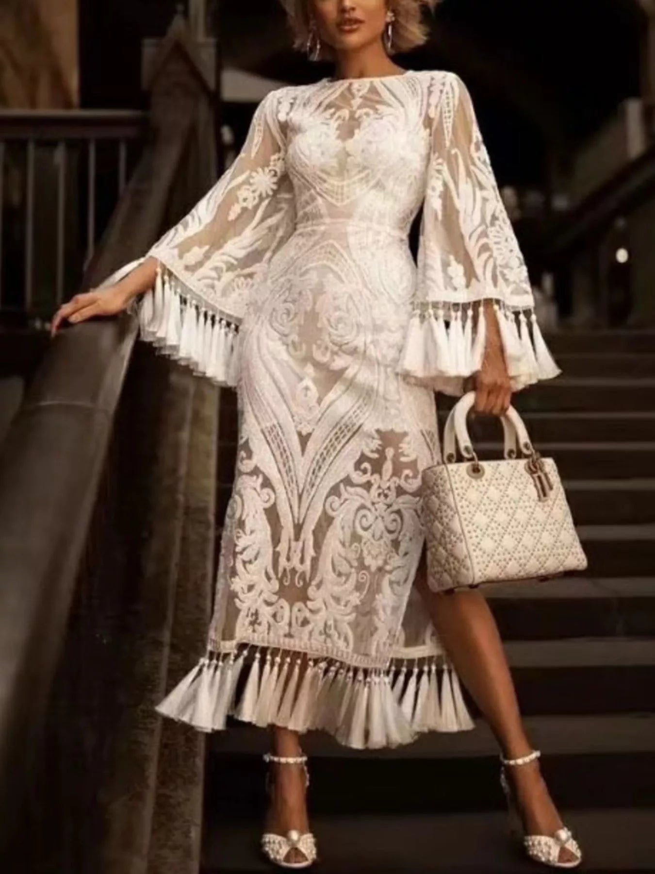 White lace flare sleeve dress front view