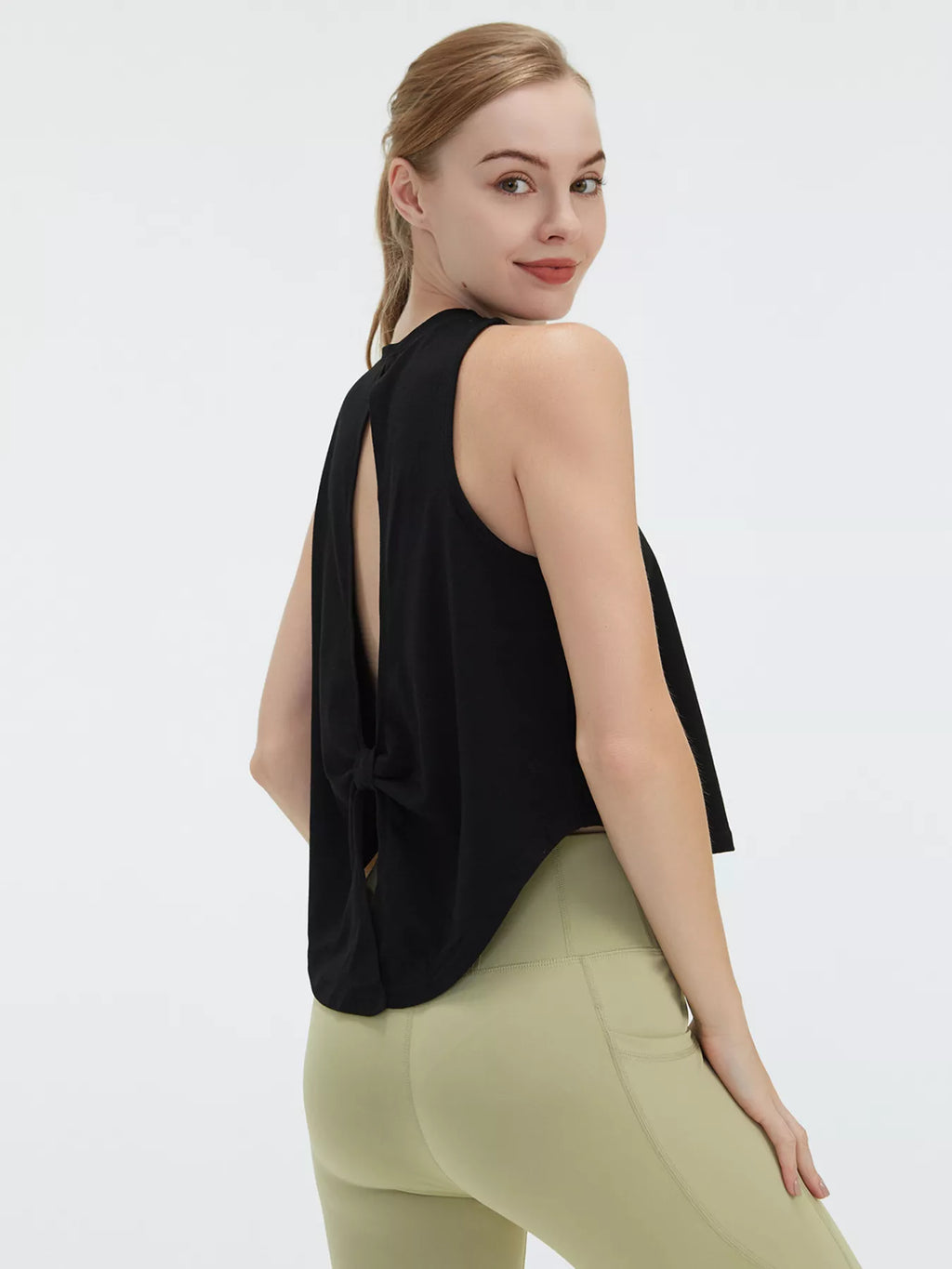 Round neck active tank neckline detail