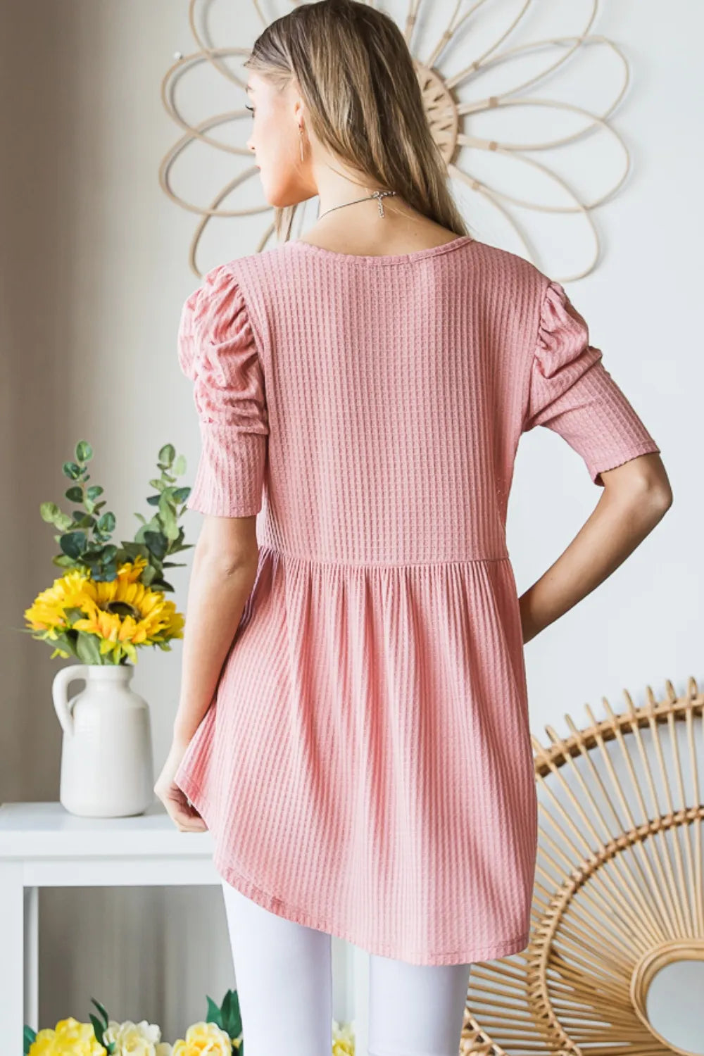 V neck babydoll top side profile view