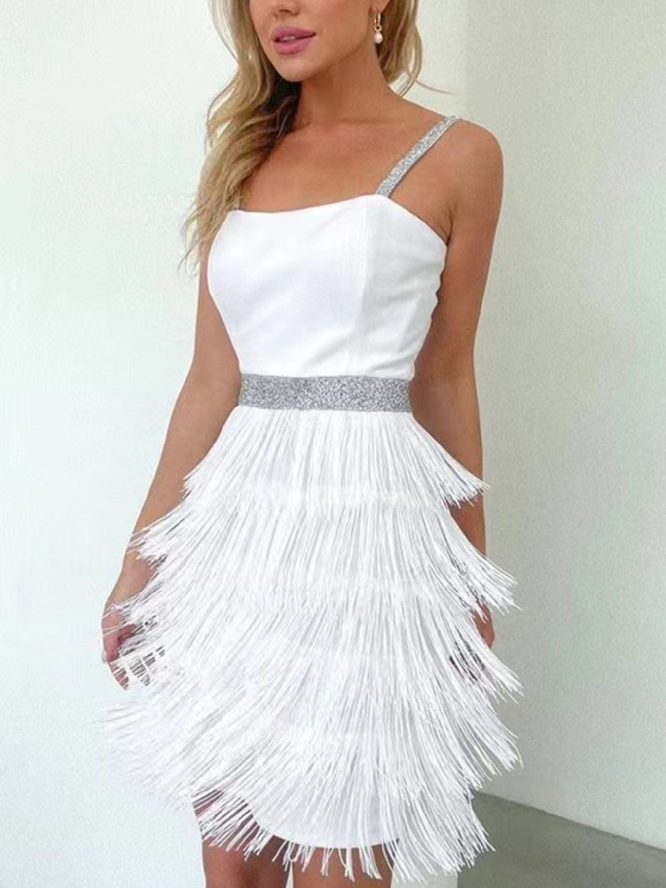 Fringe trim cami mini dress close up of fringe detail