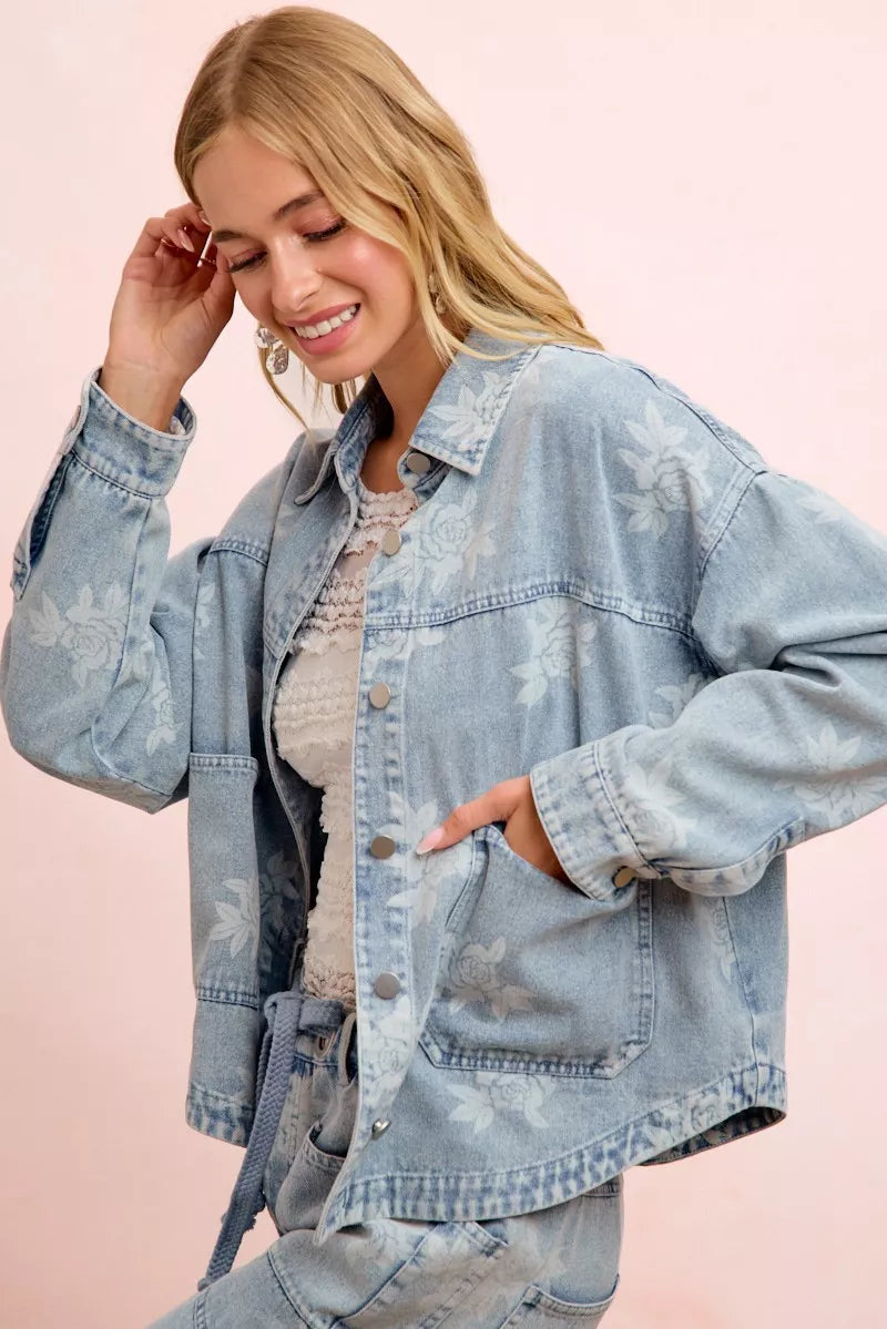 Denim jacket button cuff detail