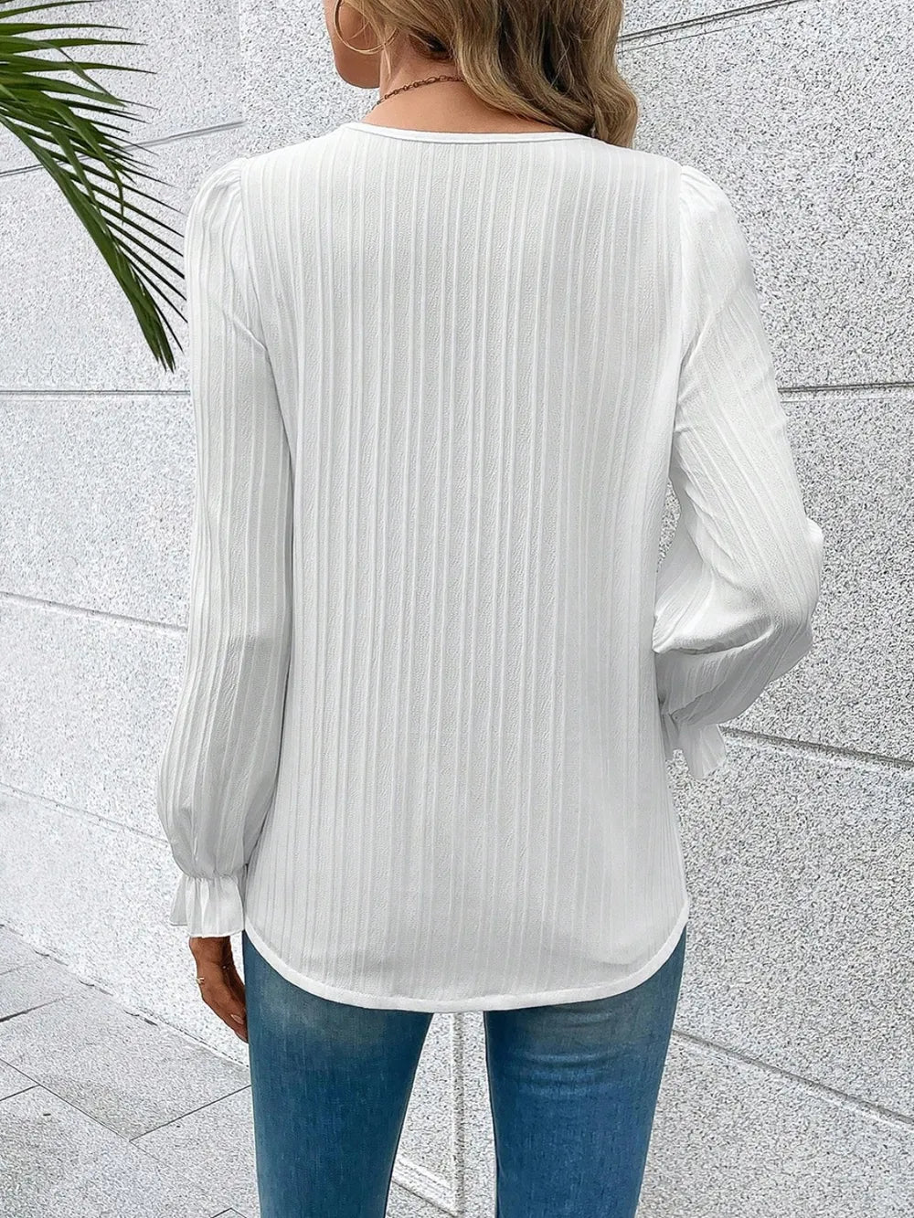 V neck lace blouse flounce sleeve detail