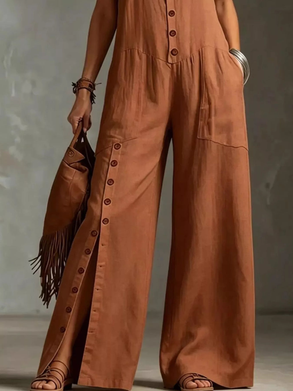 Caramel wide leg jumpsuit on model side view