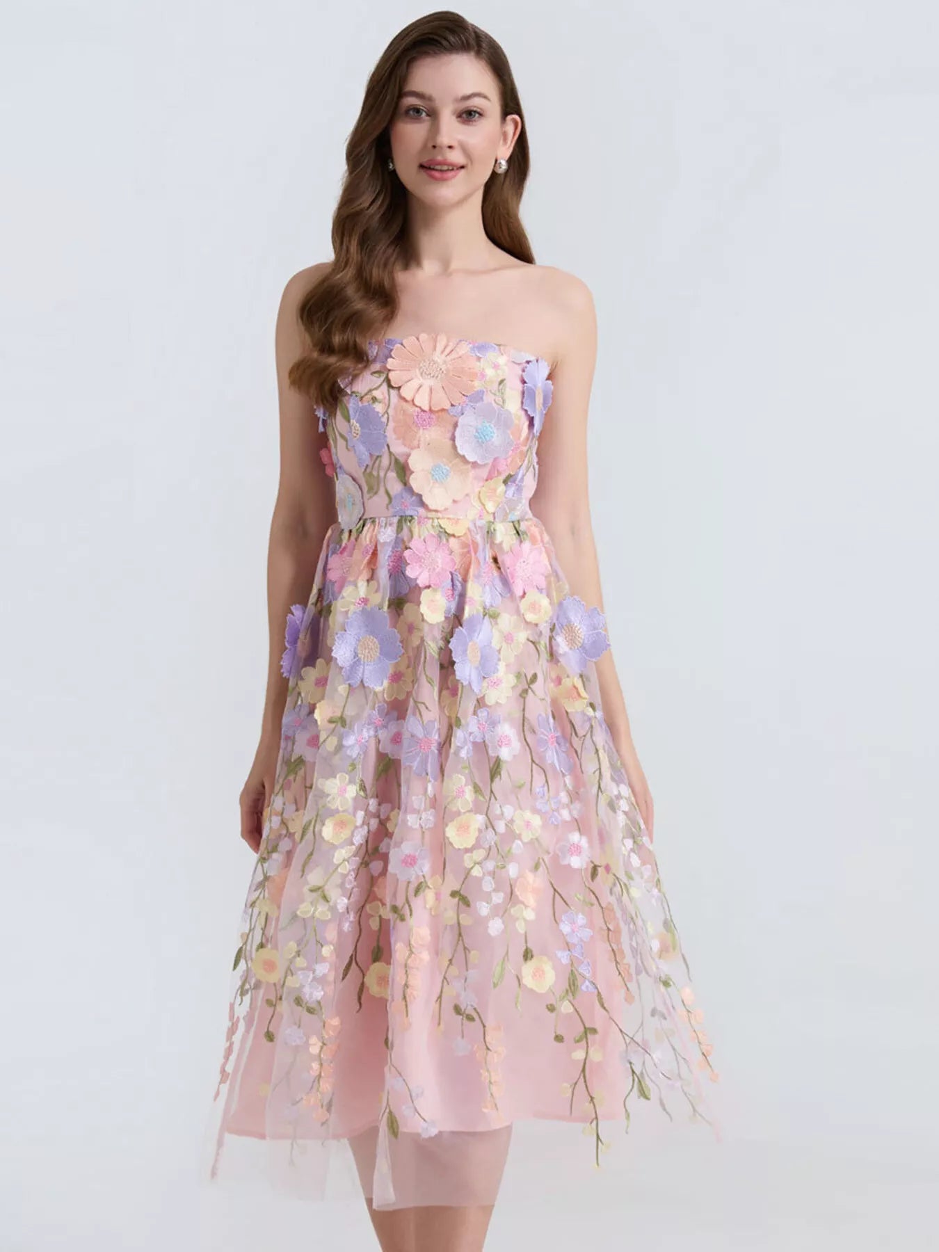 Floral applique dress full length styled look