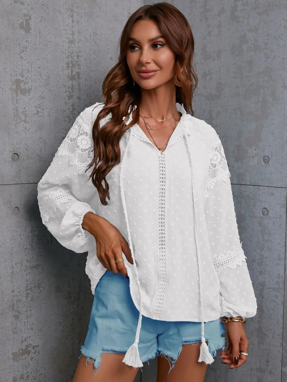 Crochet long sleeve blouse side view