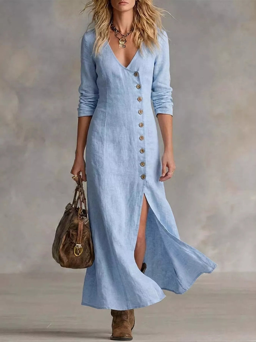 Button front slit maxi dress front view