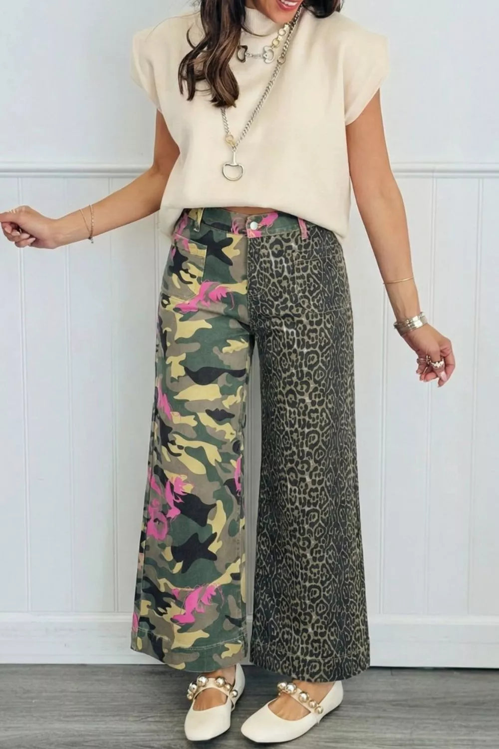 Patchwork jeans back view with contrast panels