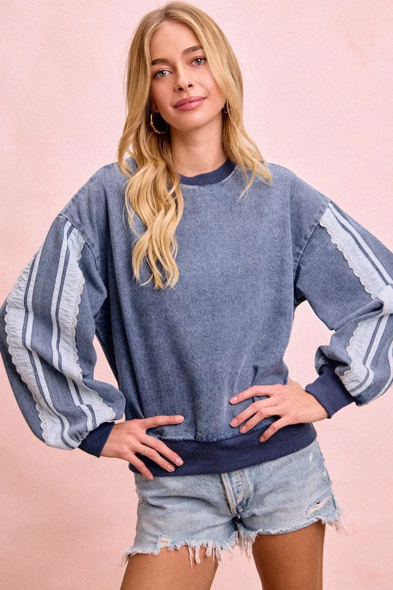 Lace contrast denim sweatshirt side view