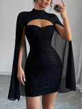 Cutout bodycon mini dress with cape sleeves front view in black