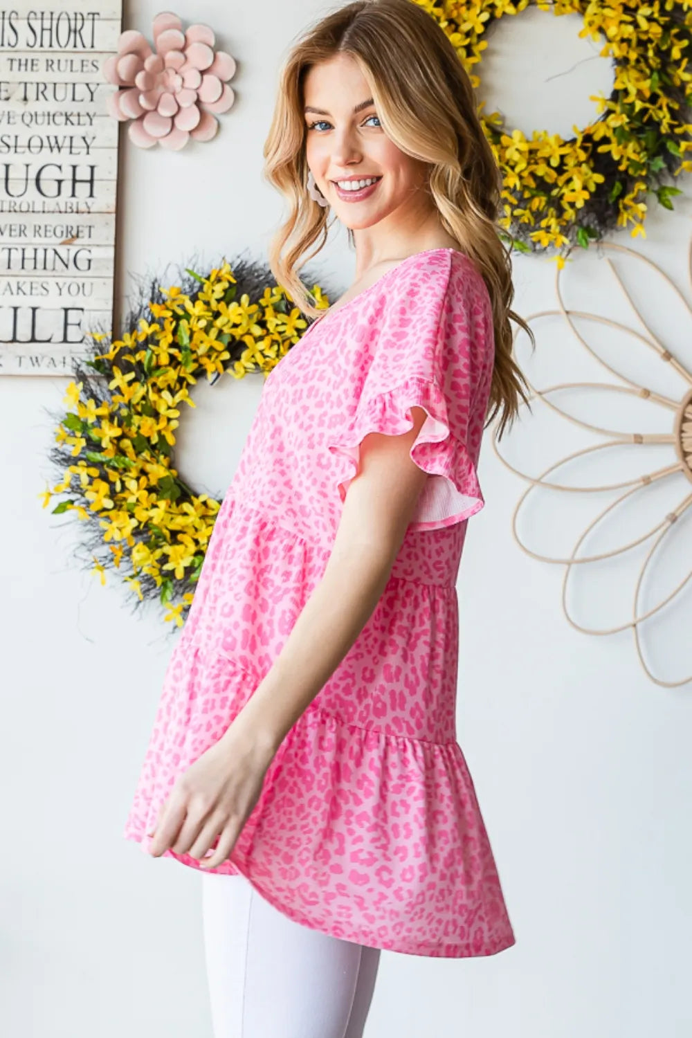 Leopard ruffle trim short sleeve top detail of ruffle sleeve