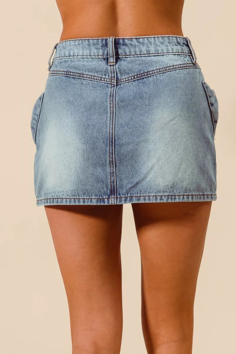 Denim skirt back view showing pockets