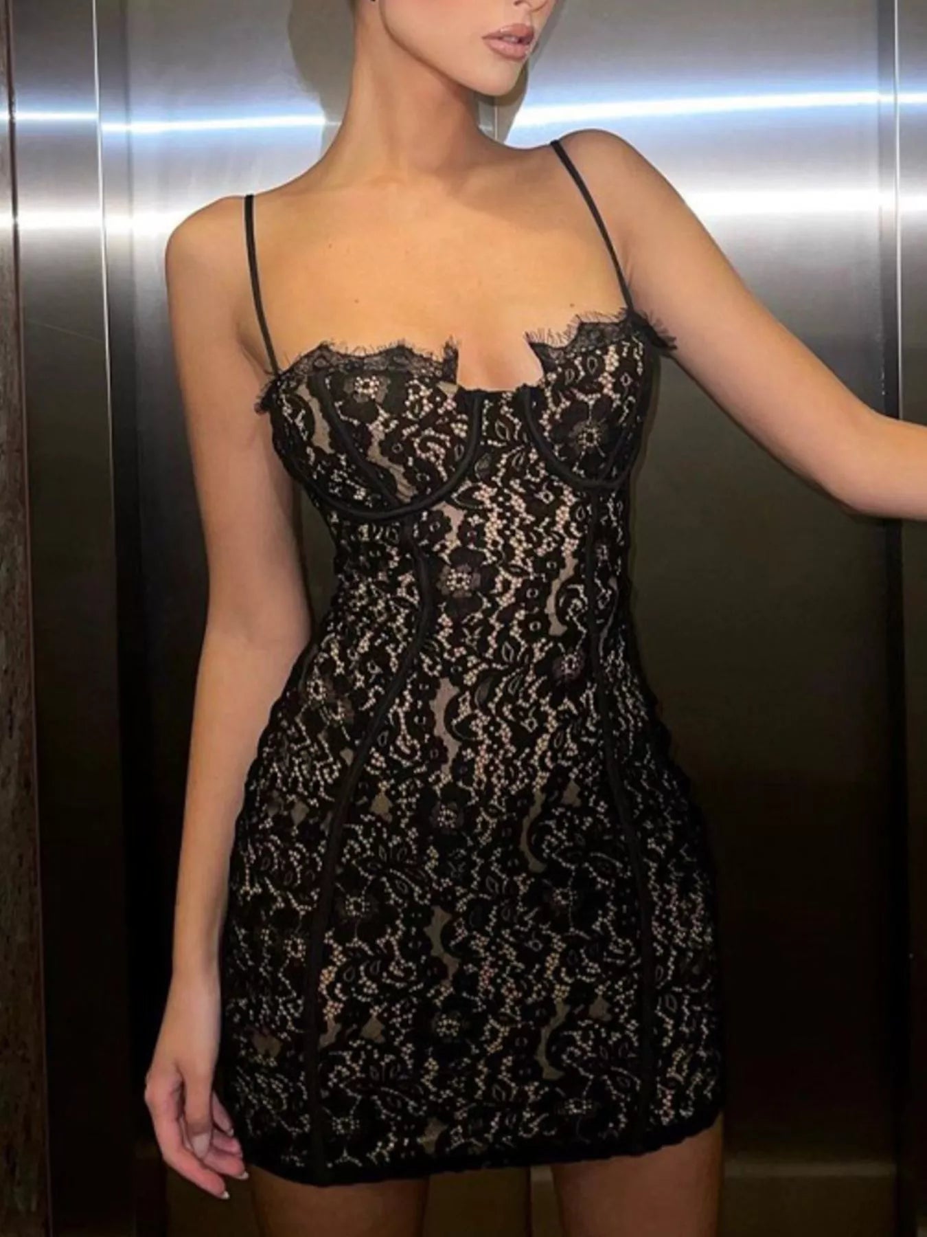 Lace spaghetti strap mini dress back view