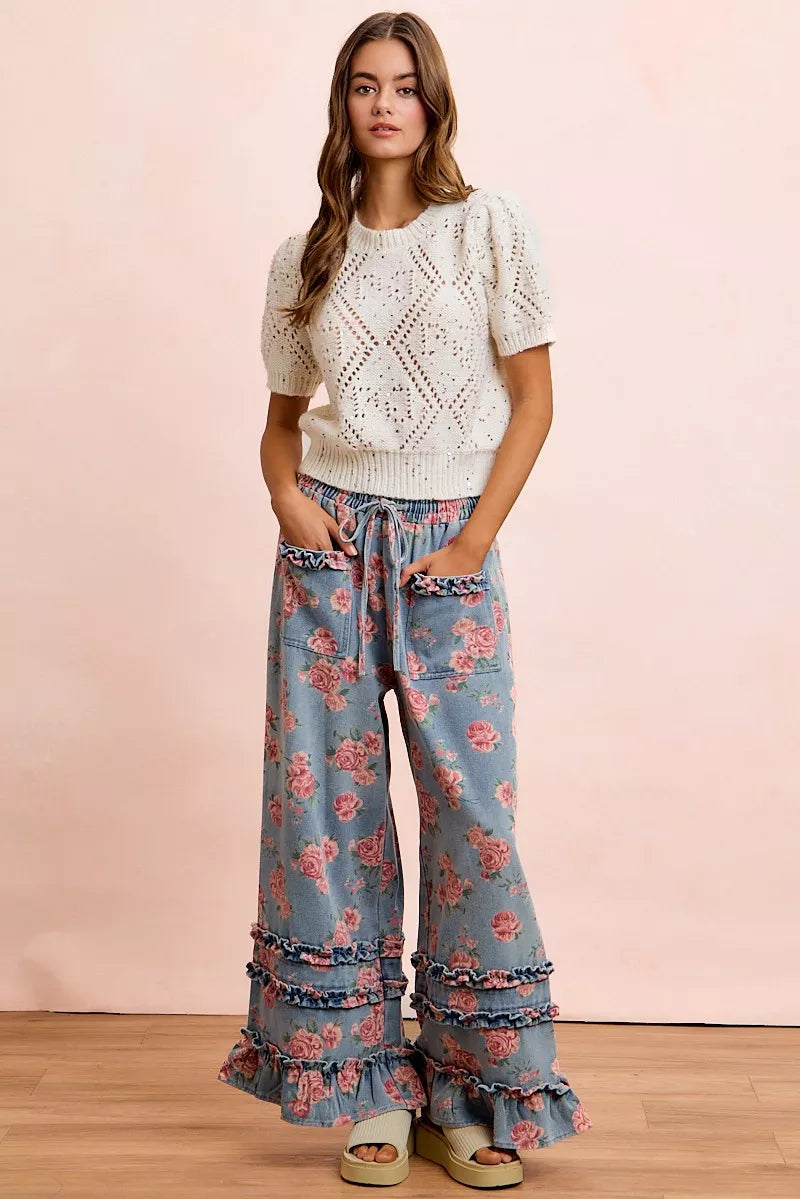 Floral denim wide leg pants flat lay