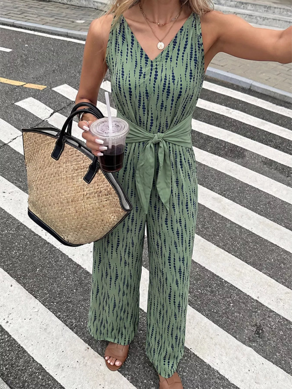 Printed jumpsuit back tie detail close up