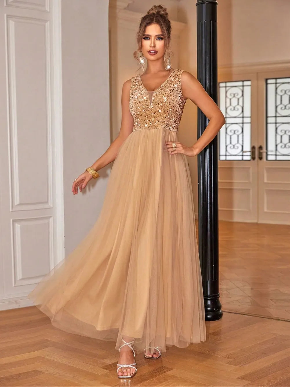 Sequin sleeveless dress back view on model