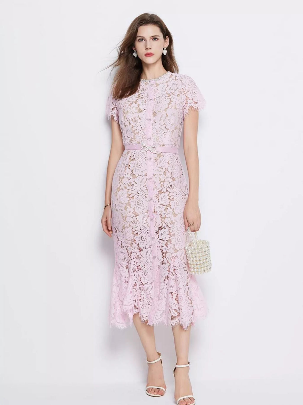 Short sleeve lace dress on model