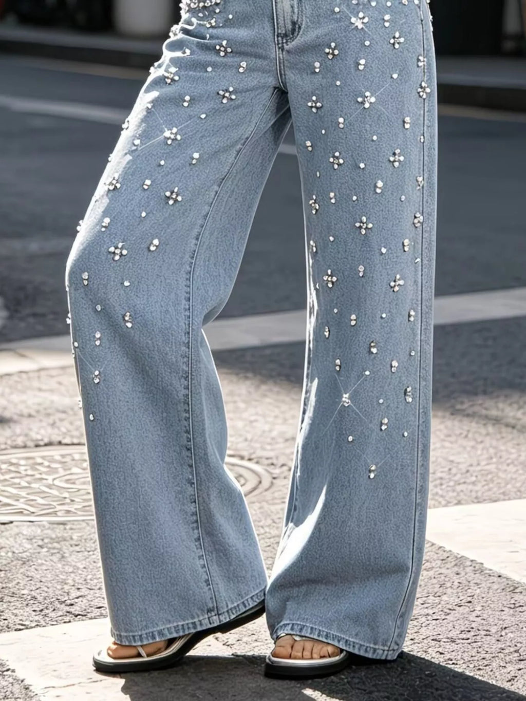 Embellished wide leg jeans side view