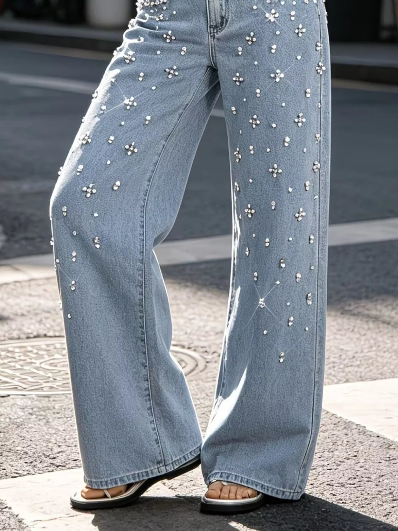 Embellished wide leg jeans side view