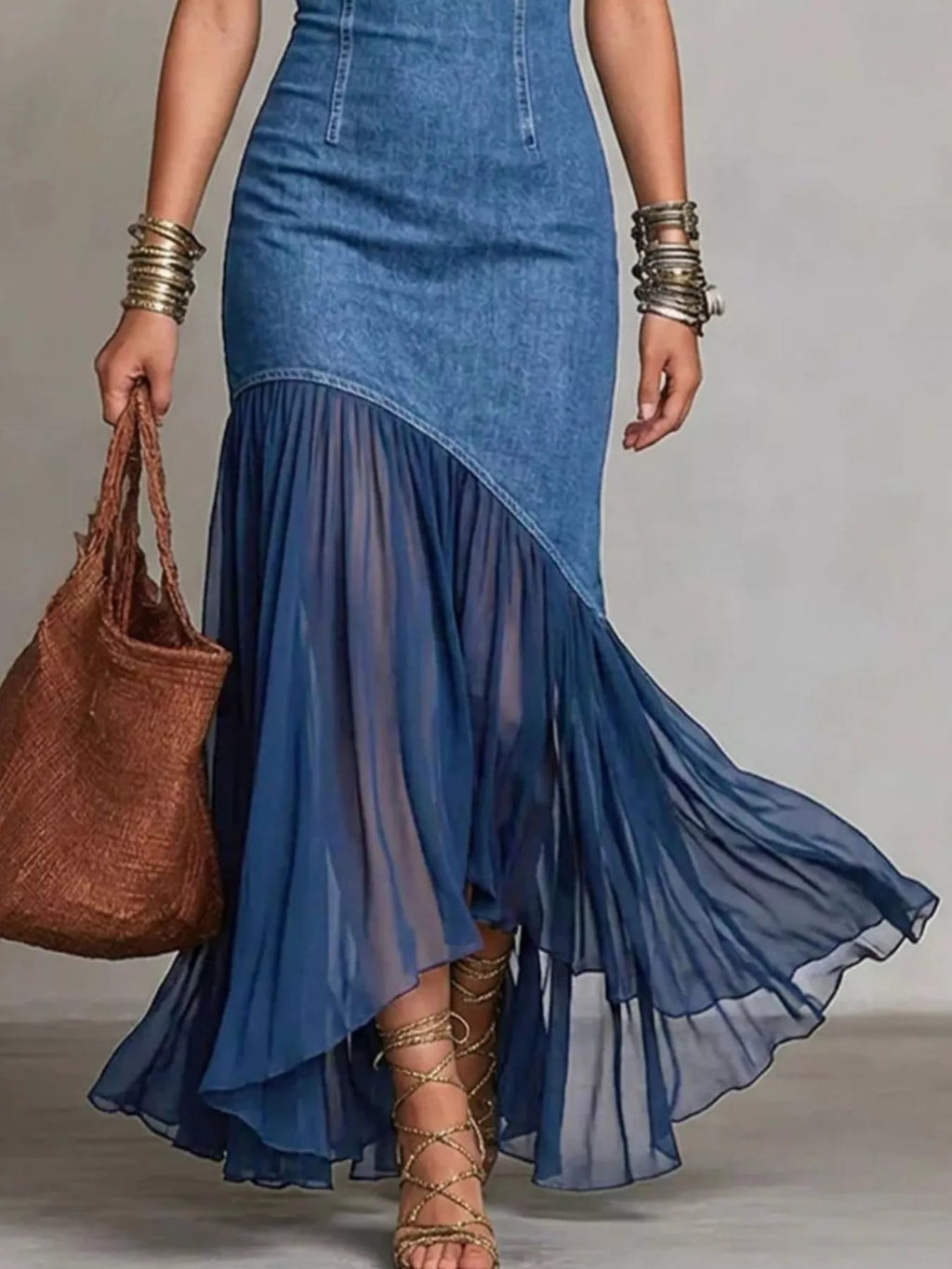 Cold shoulder ruffle hem dress close up detail