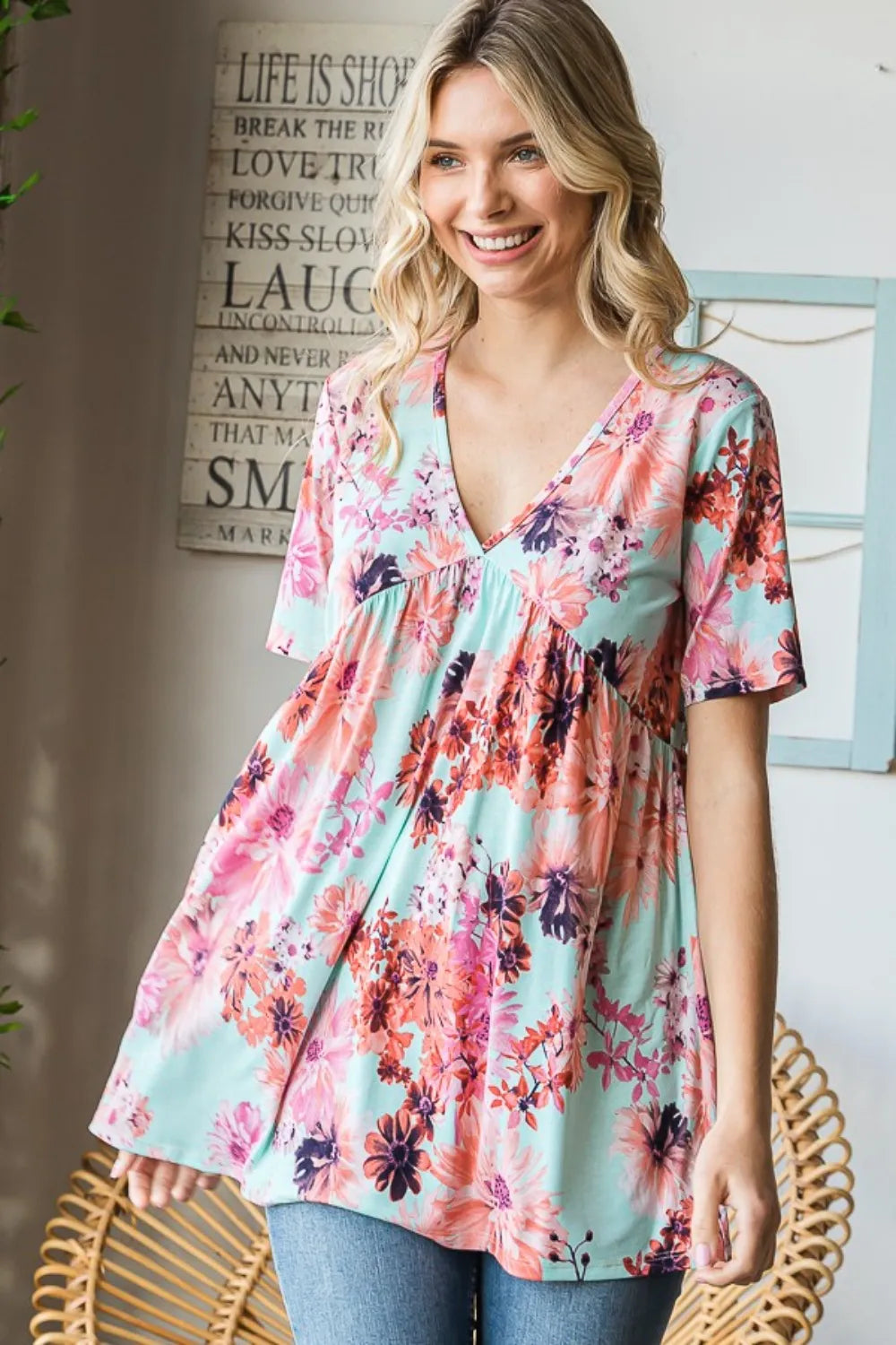 Mint floral V neck blouse detail of short sleeve