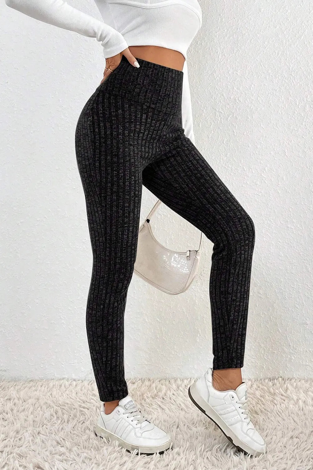 Ribbed high waist leggings in black full length