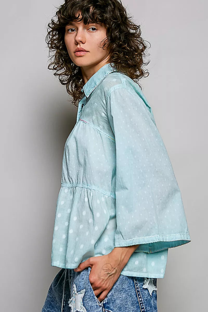 Tonal dot weave button front shirt back view