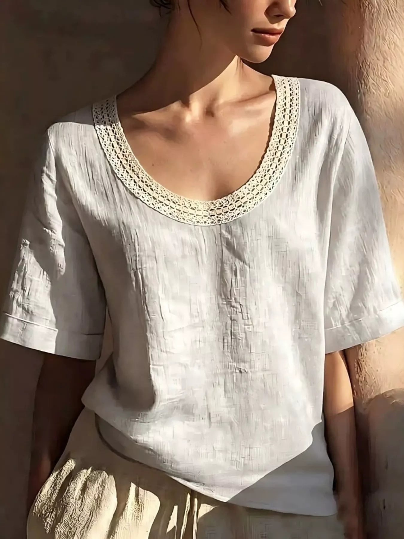 Lace trim short sleeve blouse plus size in black detail view