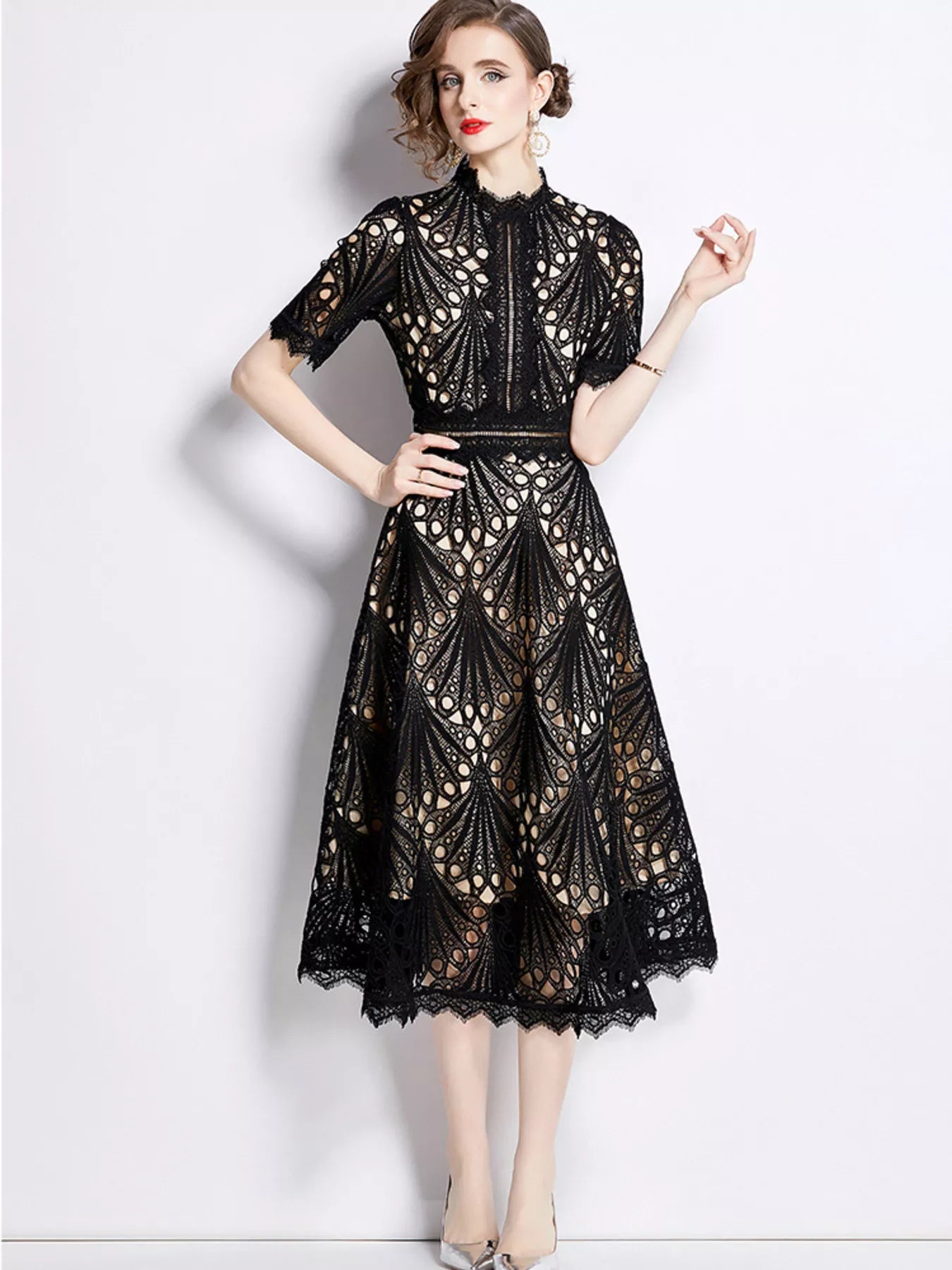 Light apricot lace midi dress detail of lace overlay