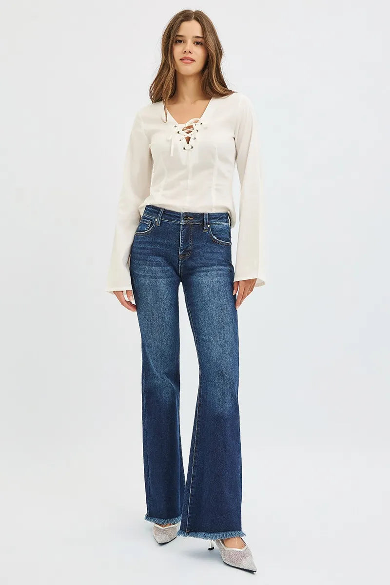 RISEN mid rise flare jeans waistband detail