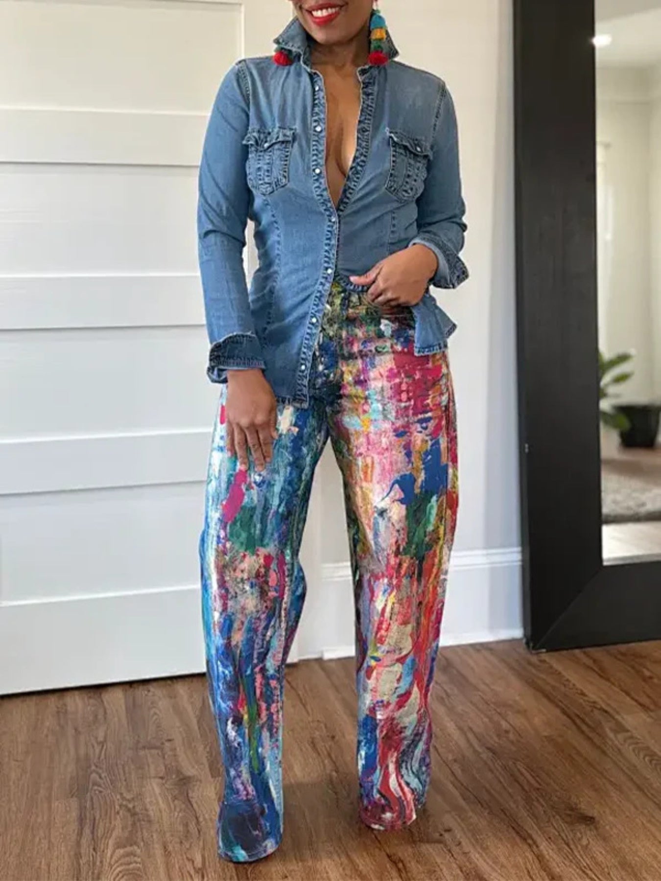 Painted wide leg pants detail on model